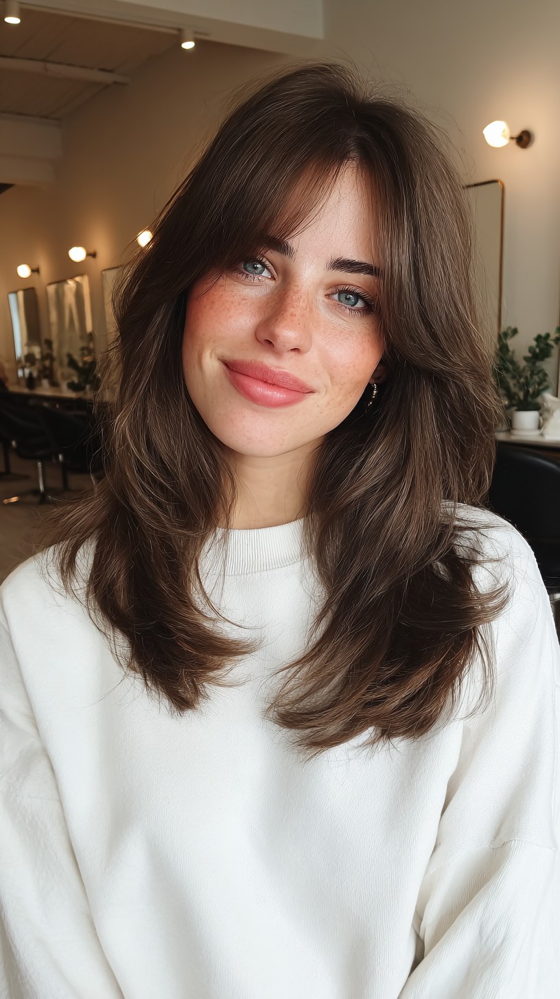 Effortless Chestnut Layers with Soft Curtain Fringe