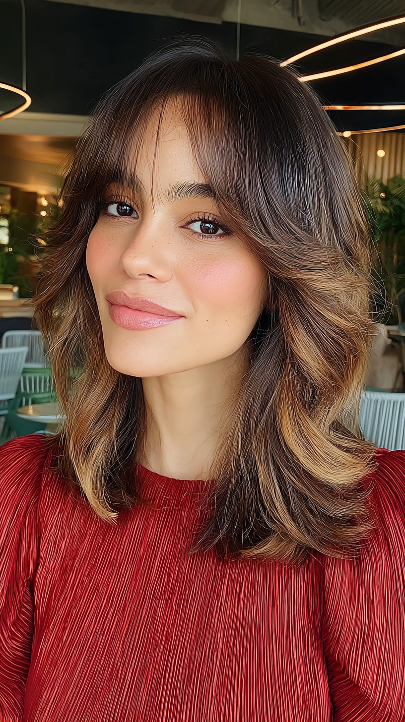Layered Caramel Balayage Bob with Wispy Bangs