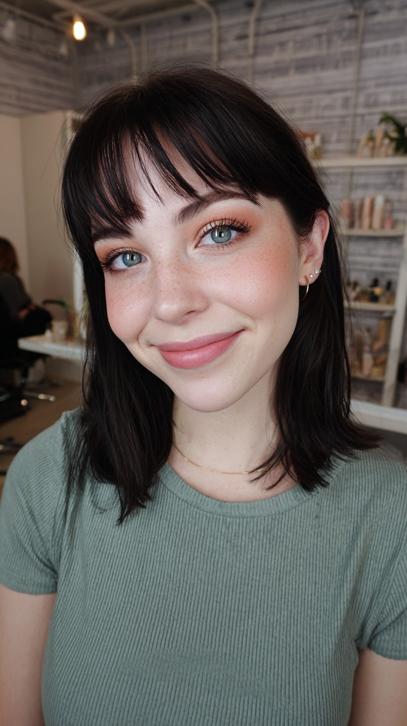 Mid-Length Raven Black Bob with Glossy Curtain Bangs