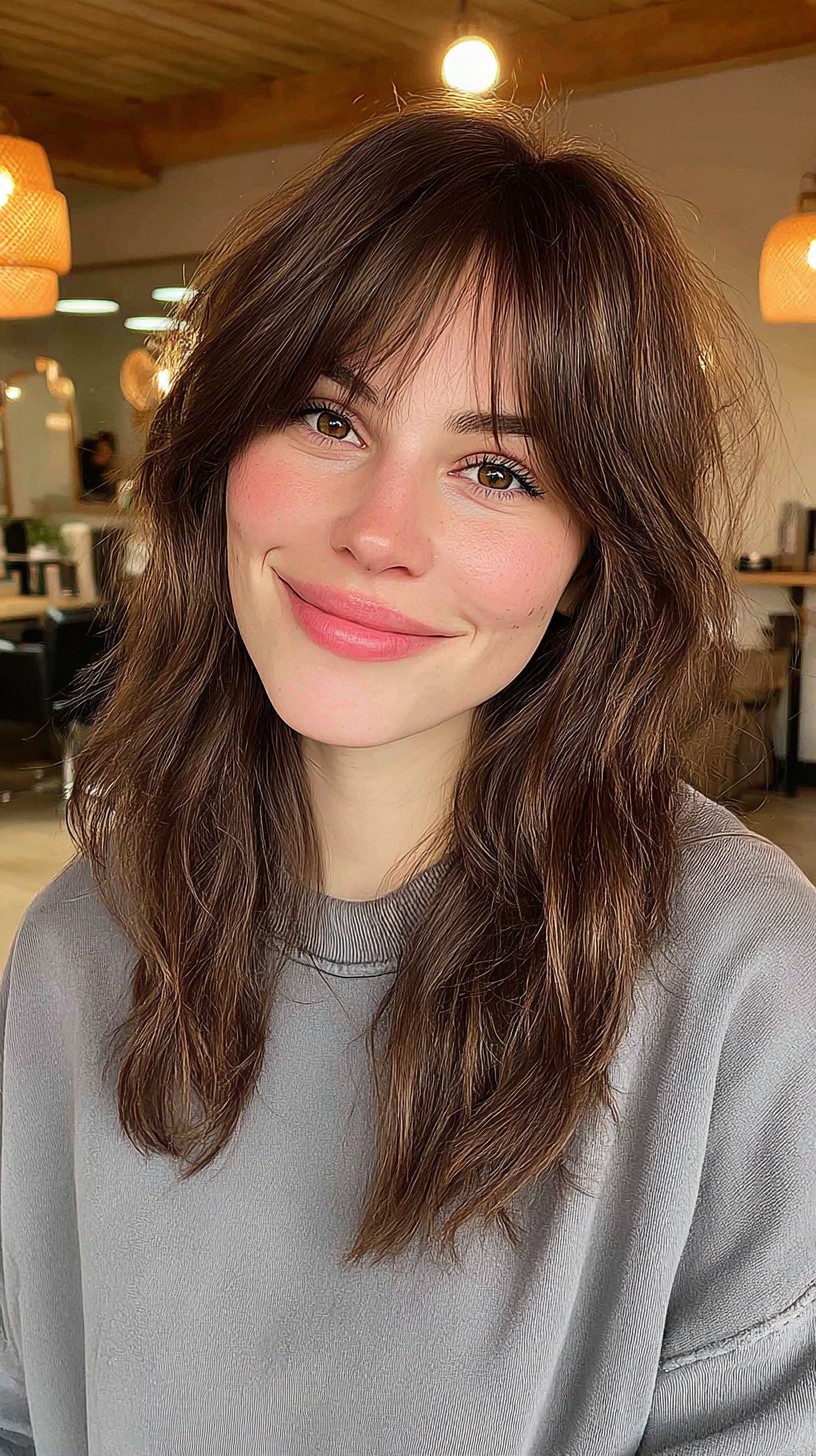 Naturally Wavy Chestnut Mane with Soft Curtain Bangs