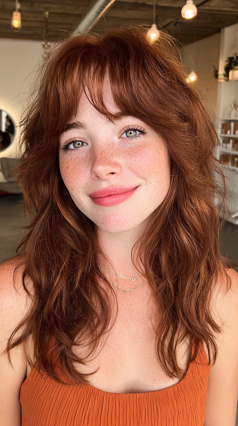 Playful Copper Wavy Wolf Cut with Soft Bangs