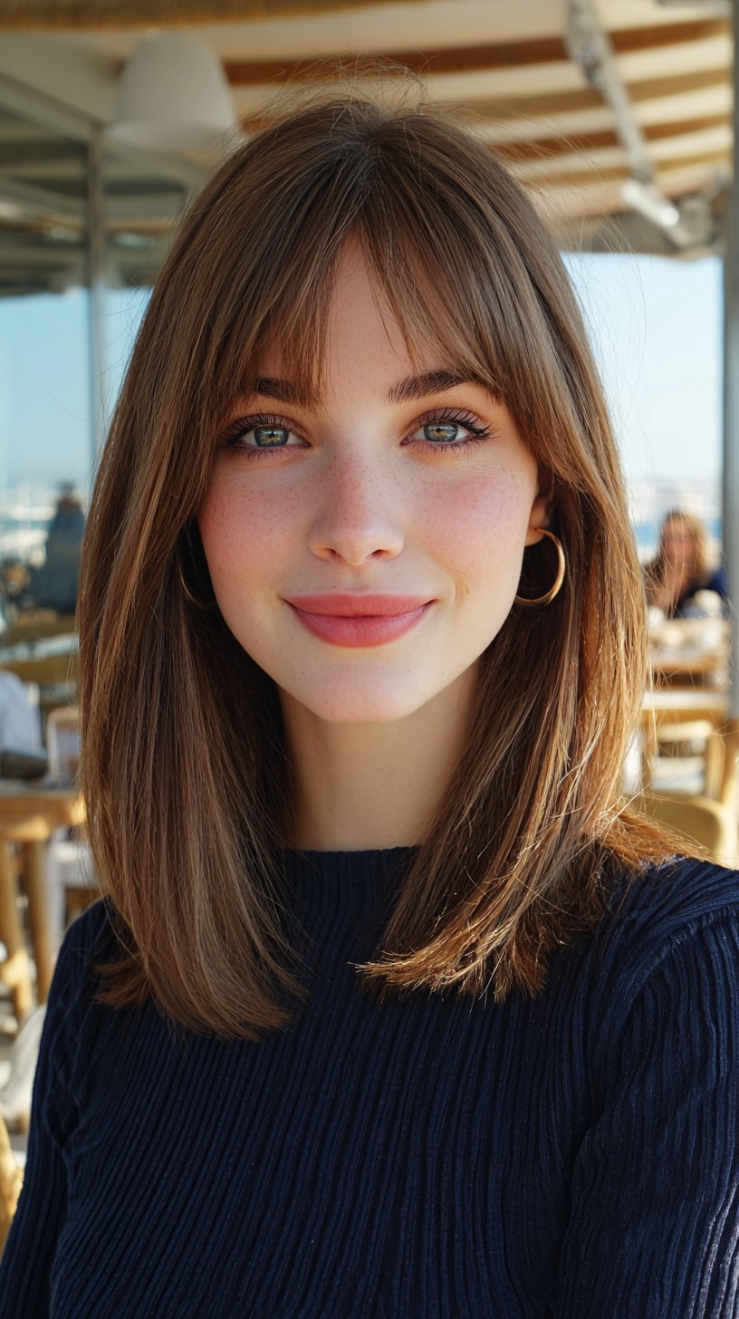 Polished Chestnut Lob with Seamless Curtain Bangs