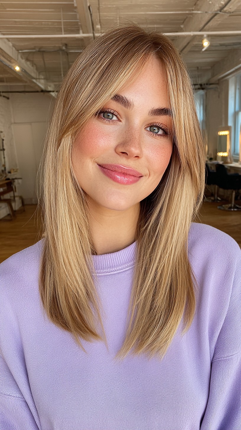 Soft-Blonde Mid-Length Cut with Feathered Curtain Bangs