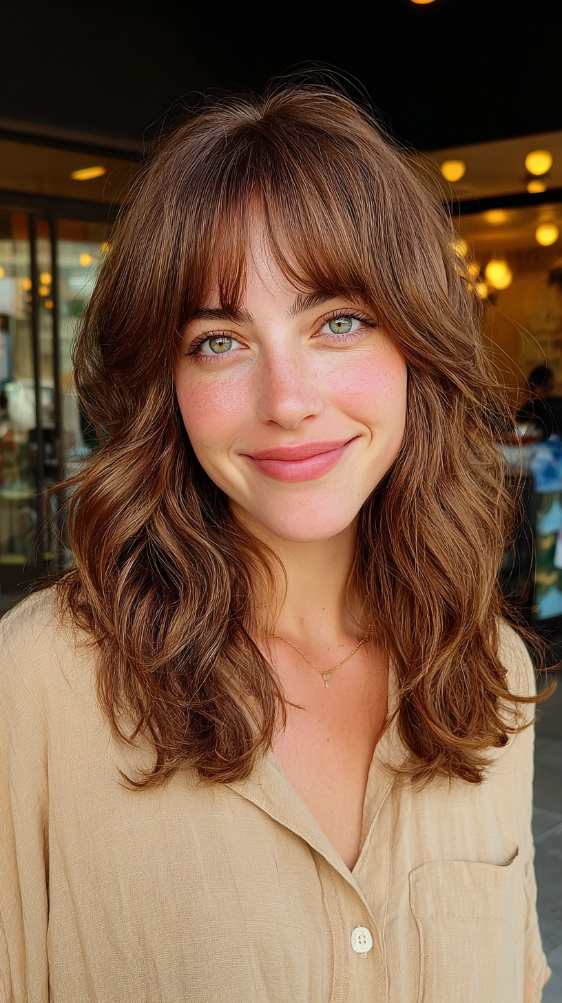 Softly Tousled Brunette Waves with Feathered Bangs