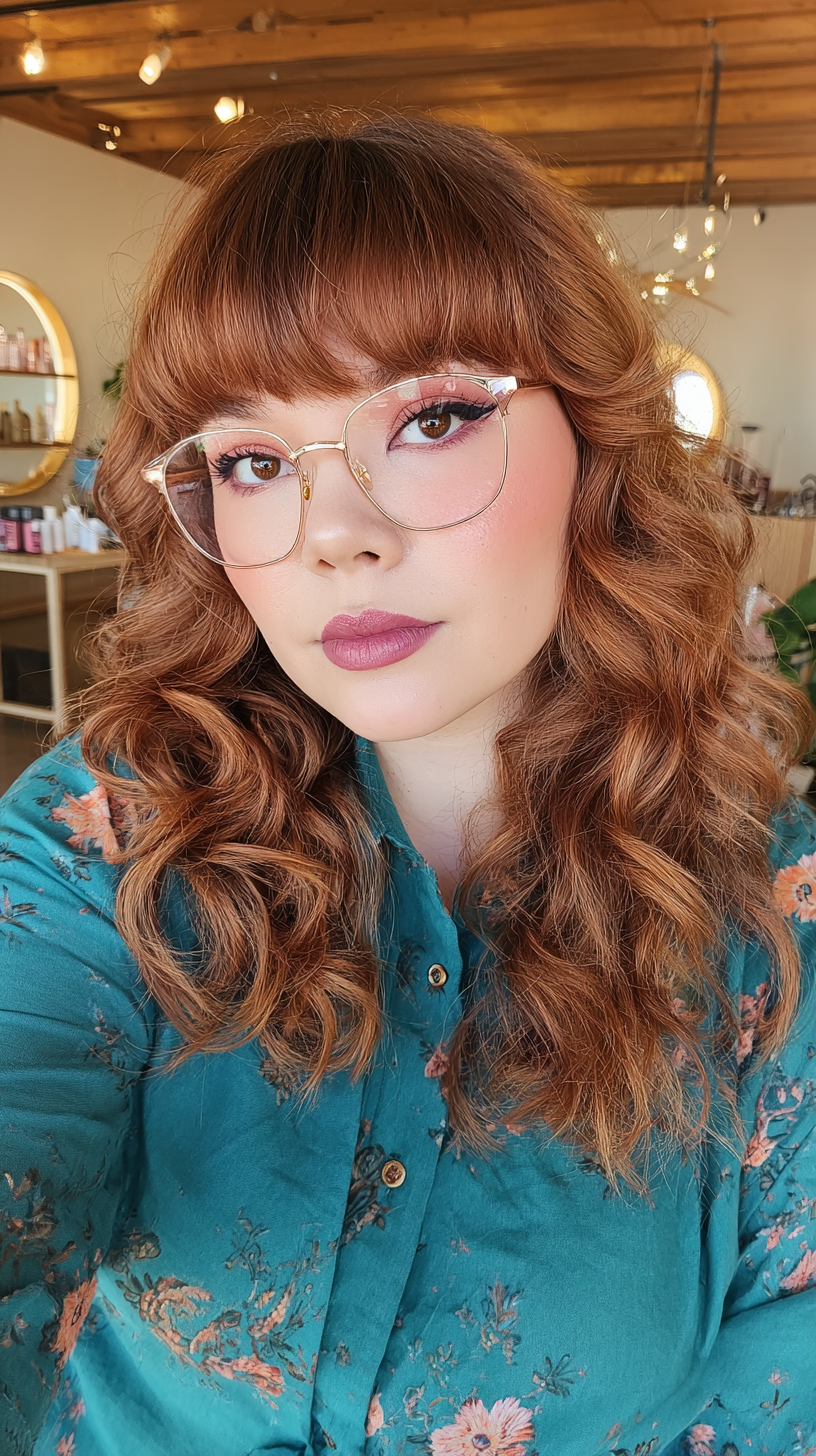 Textured Copper Wavy Wolf Cut with Chic Bangs
