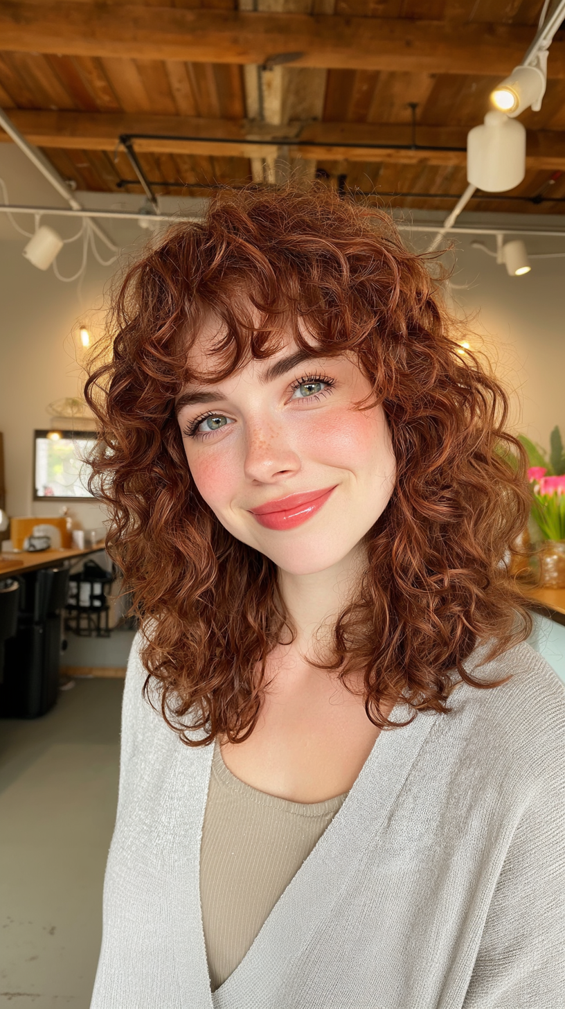 Vibrant Mid-Length Curly Hair with Soft Bangs