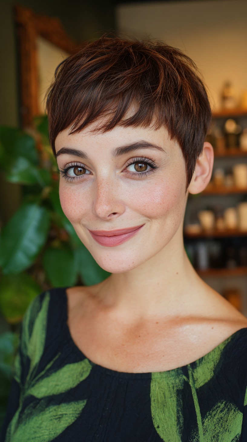 Chic Chestnut Brunette Pixie with Subtle Highlights