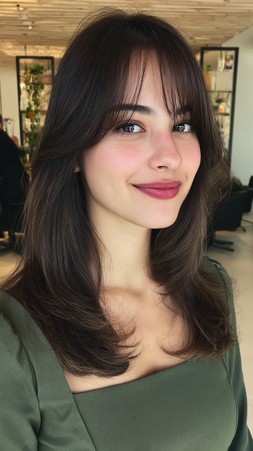 Perde Perçemli Zarif Koyu Kahverengi Katmanlı Saç Kesimi