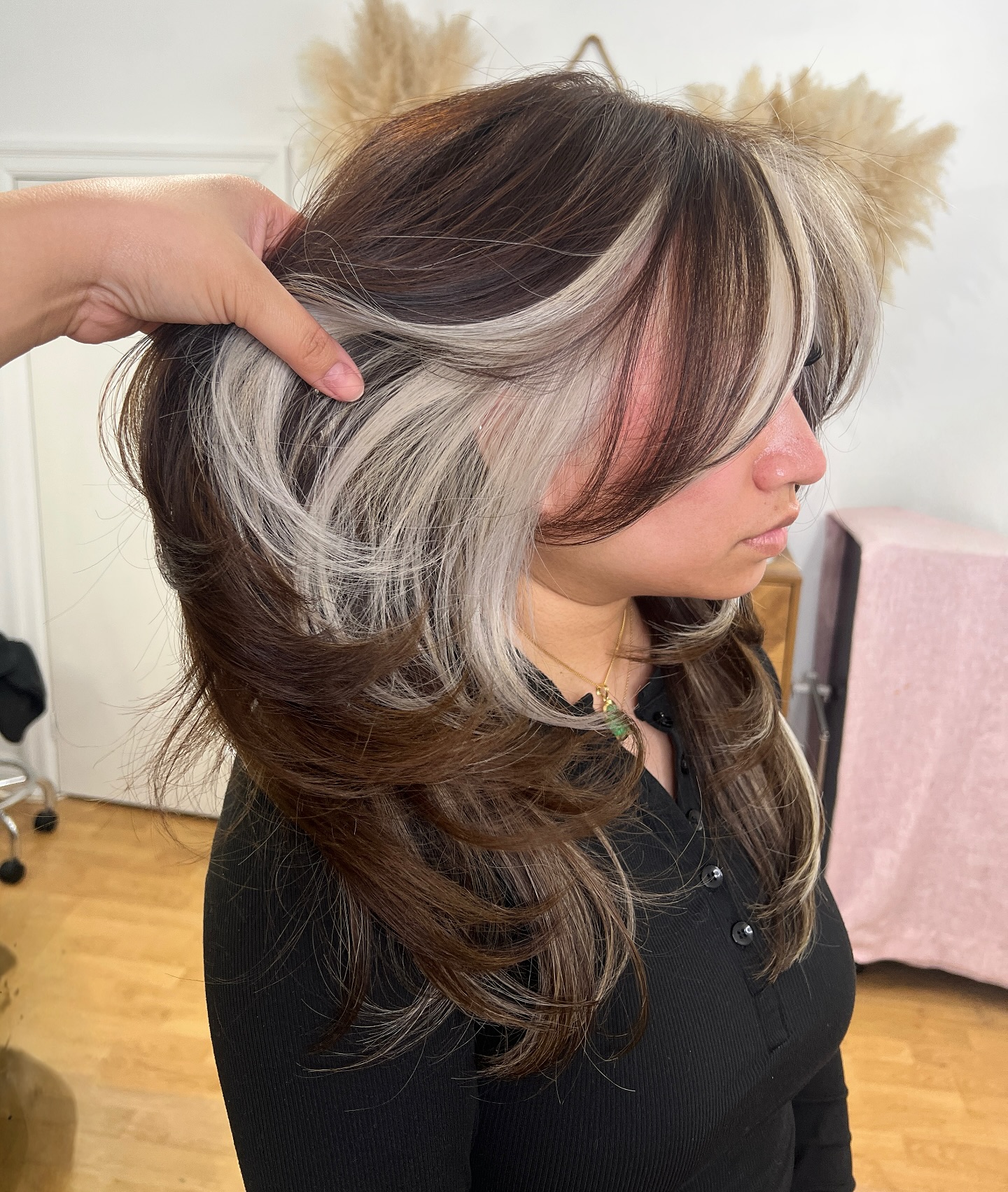 Elegantly Tousled Layers with Silver and Chestnut Streaks