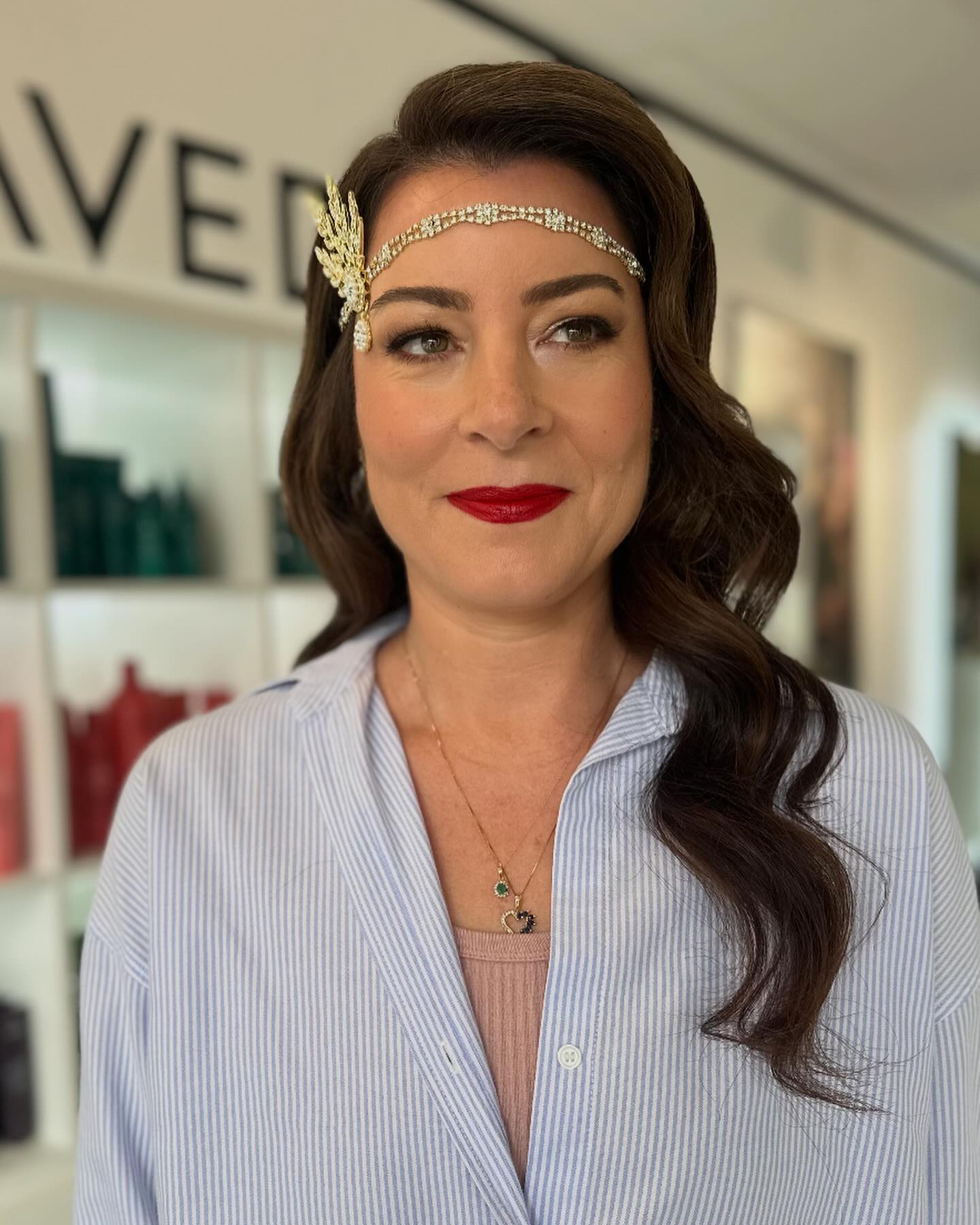 Gleaming Espresso Curls with Vintage Headpiece