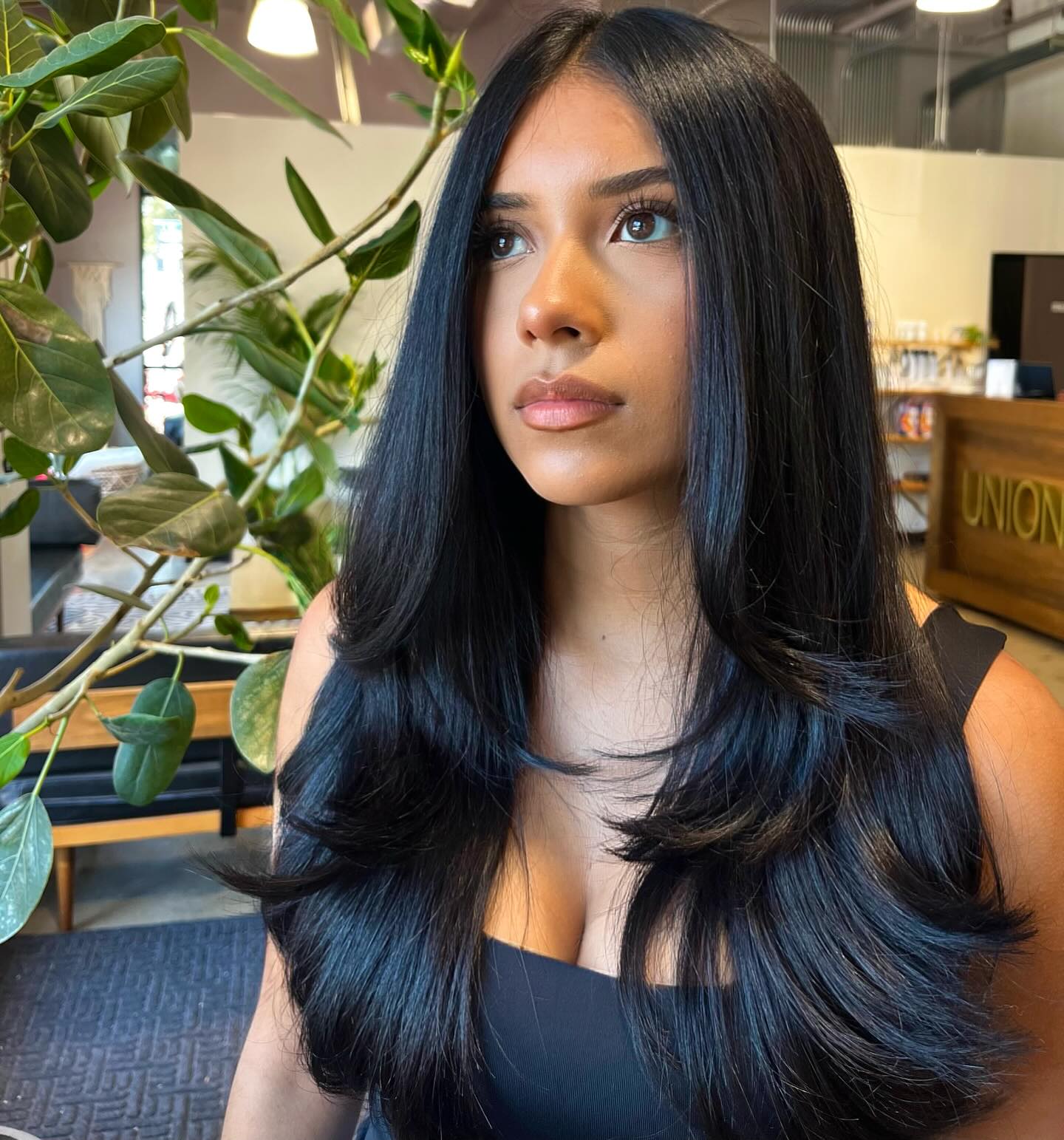 Glossy Jet Black Waves with Feathered Ends