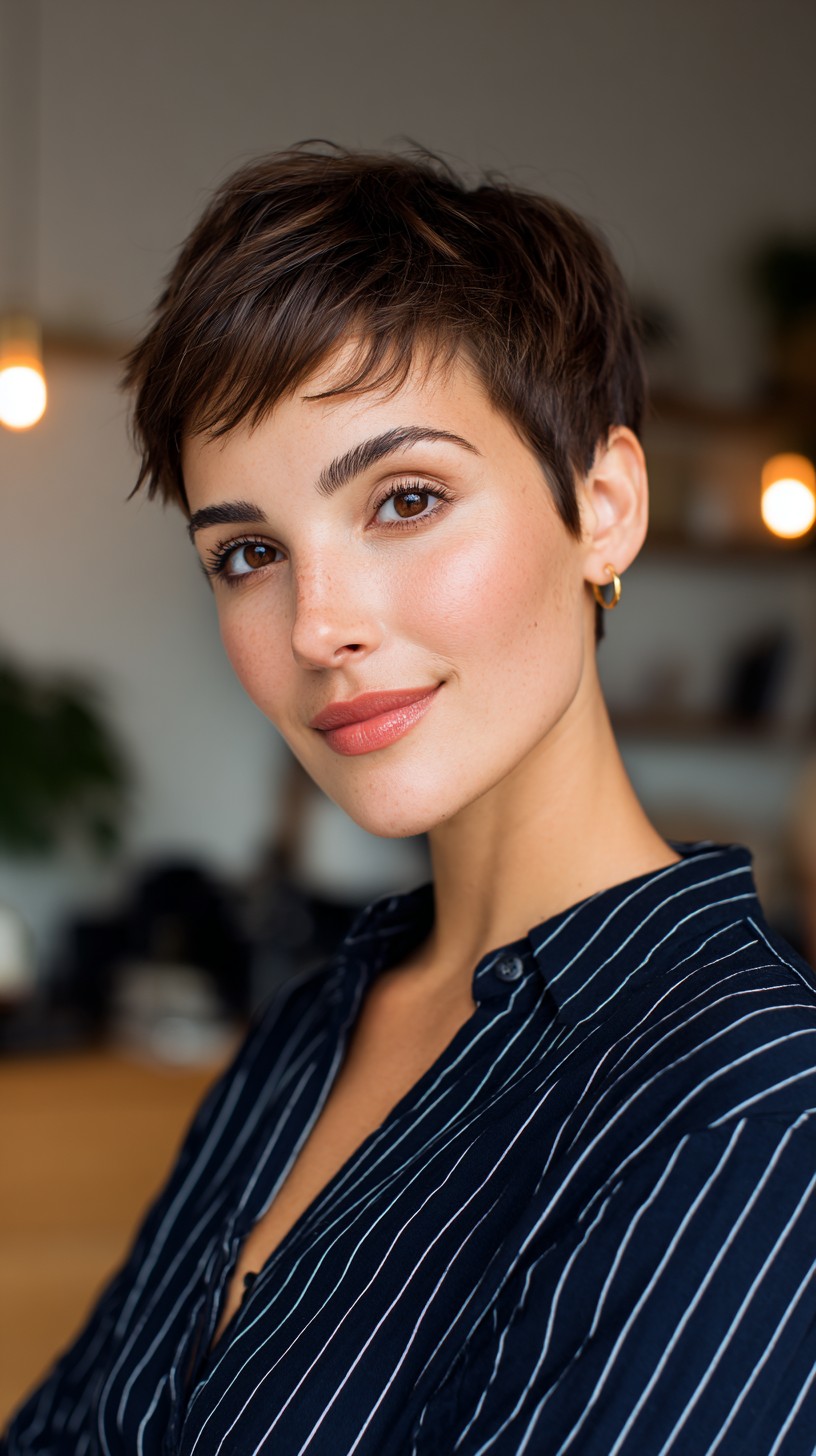 Modern Edgy Brunette Pixie with Textured Top