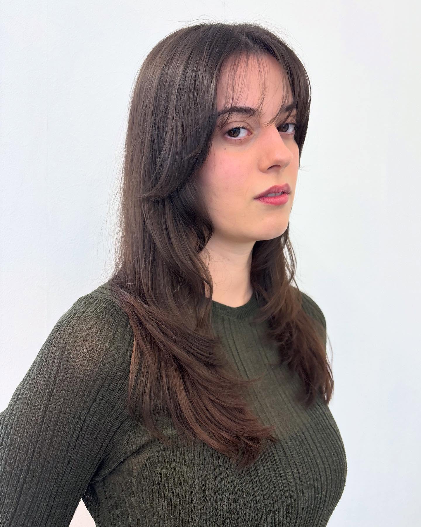 Natural Ash Brown Layers with Side-Swept Bangs