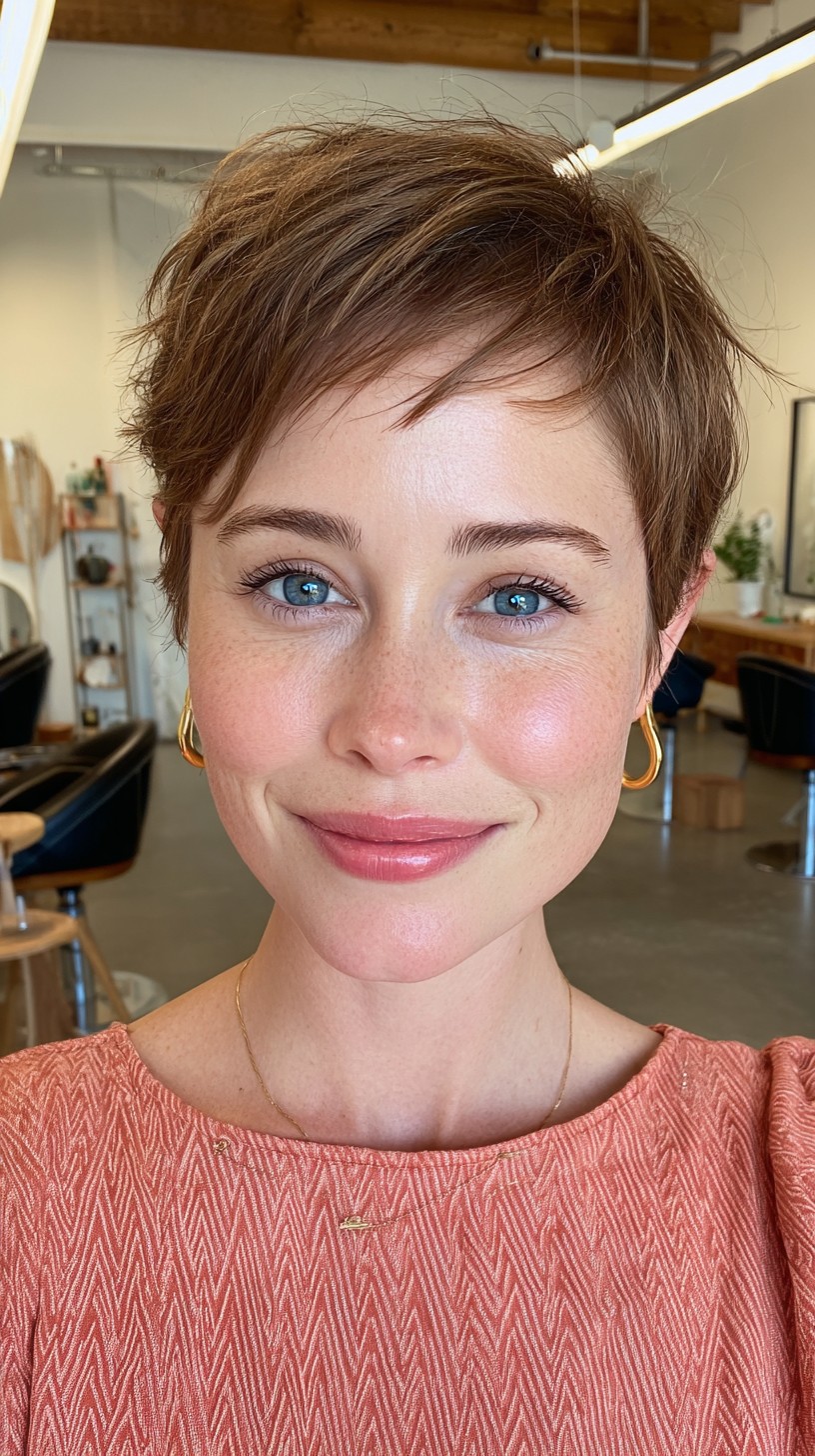 Soft Feathered Cinnamon Pixie with Natural Effervescence