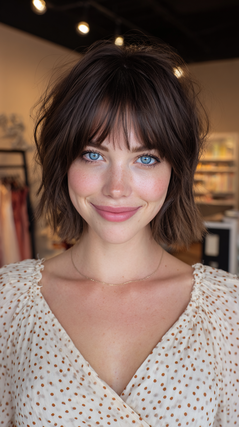 Textured Chocolate Wolf Cut with Soft Bangs