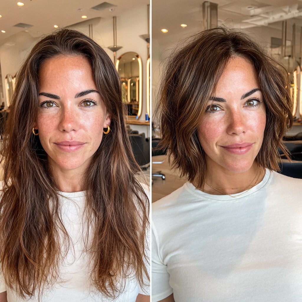 Brunette Tousled Layered Bob with Natural Highlights