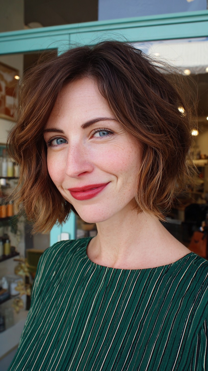 Chic Chestnut Wavy Bob with Subtle Highlights