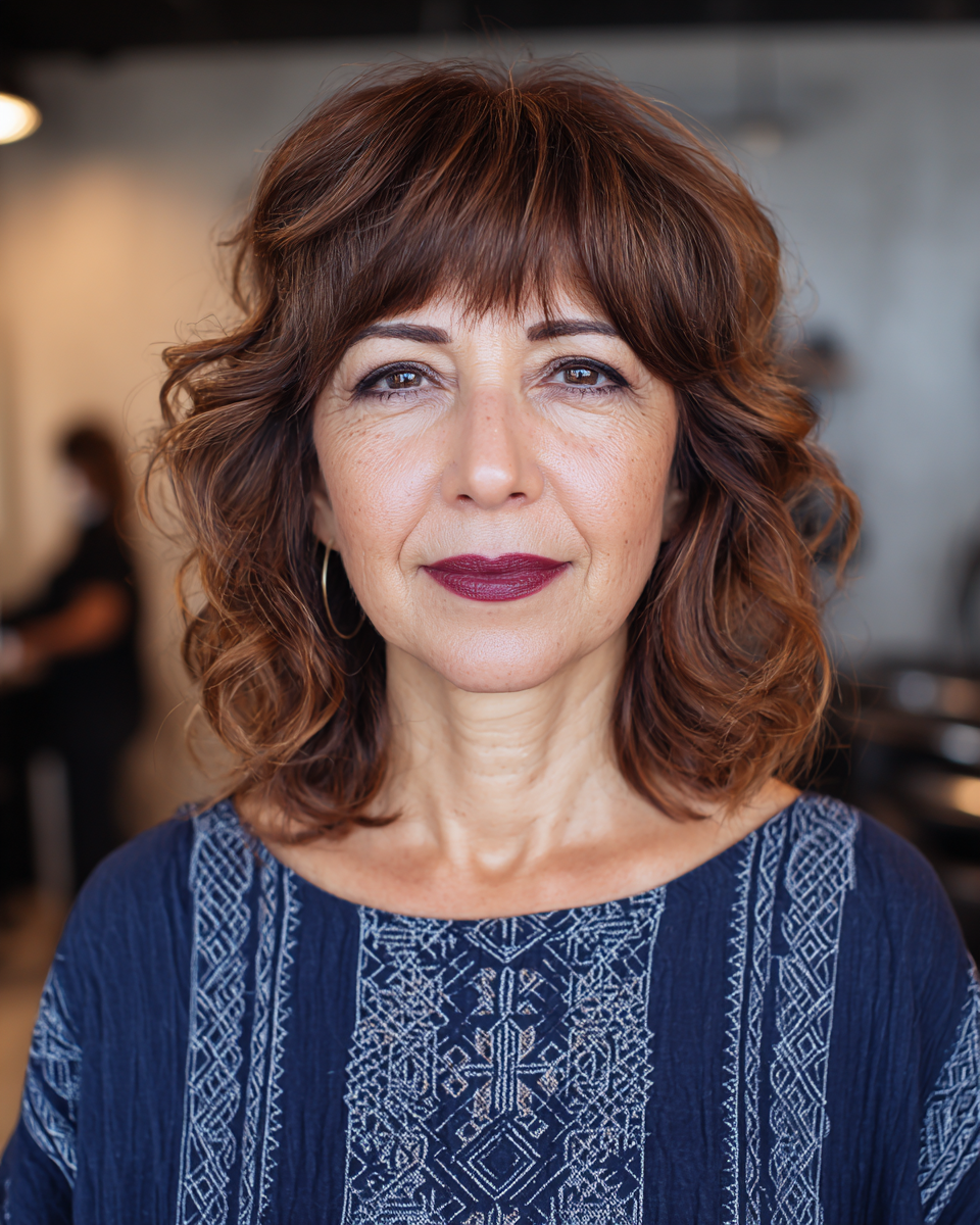 Chic Curly Shoulder-Length Cut with Soft Bangs