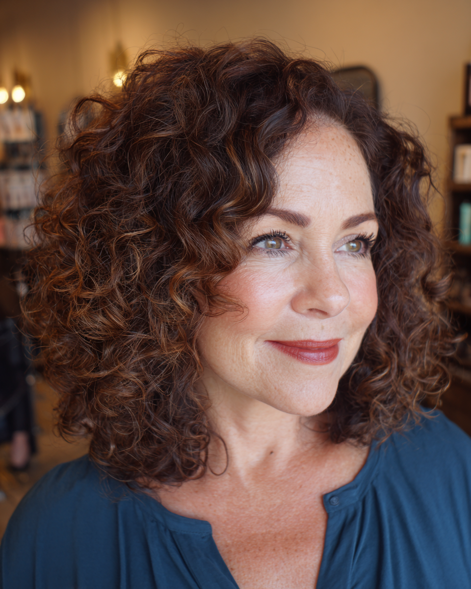 Chic Curly Shoulder-Length Cut with Warm Highlights