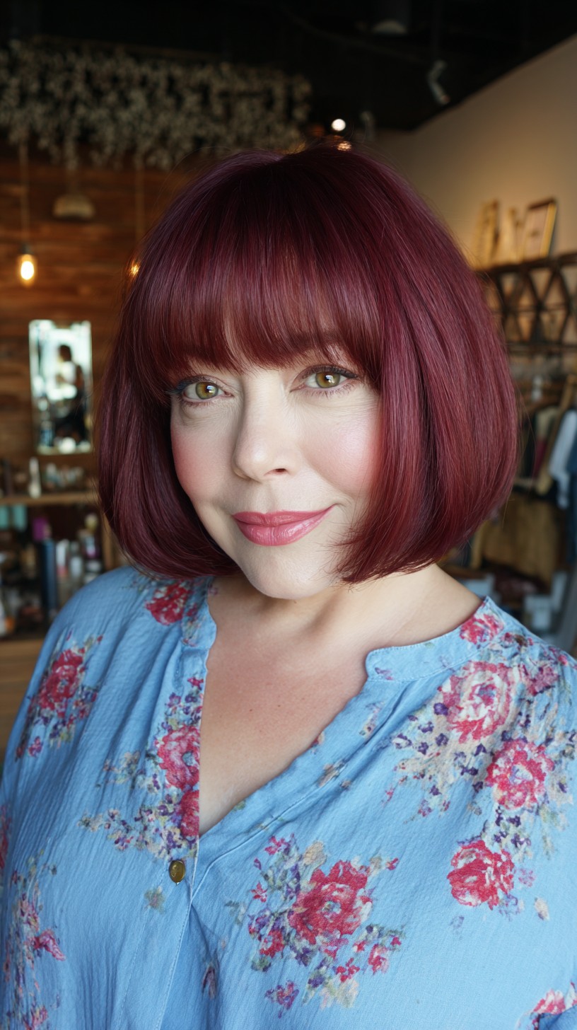 Chic Red Wine Bob with Full Bangs