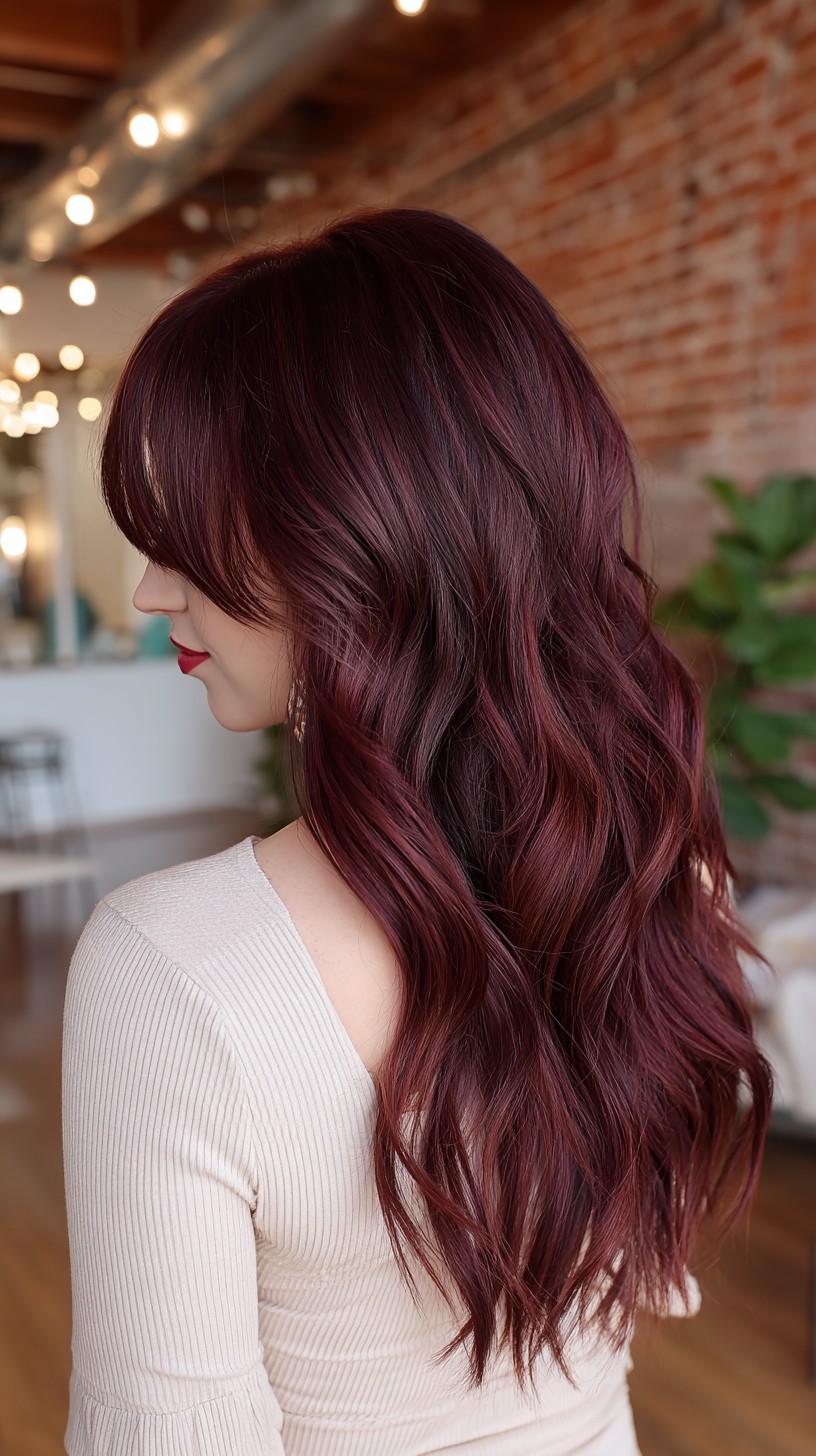 Elegant Cascading Red Wine Curls with Side-Swept Bangs