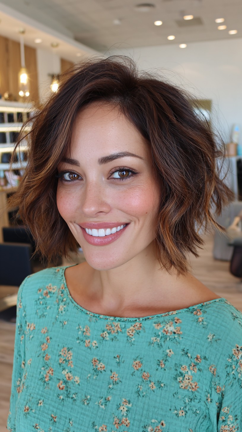 Elegant Chestnut Choppy Bob with Subtle Waves