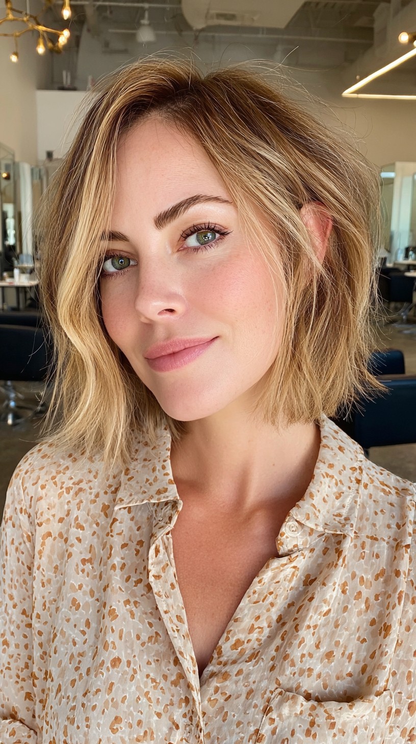 Light Blonde Stacked Cut with Darker Roots