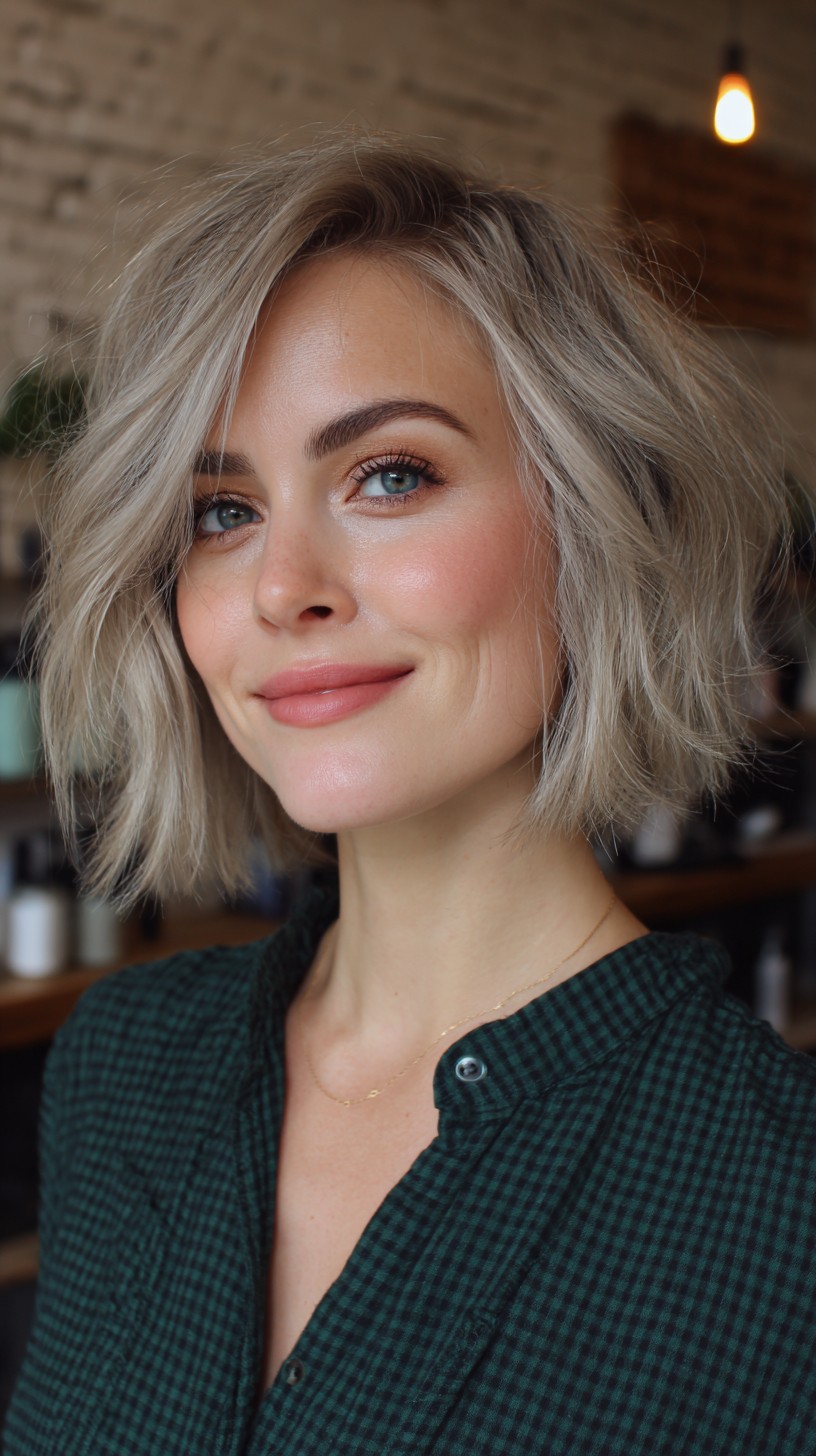 Modern Silver Textured Bob with Wispy Ends
