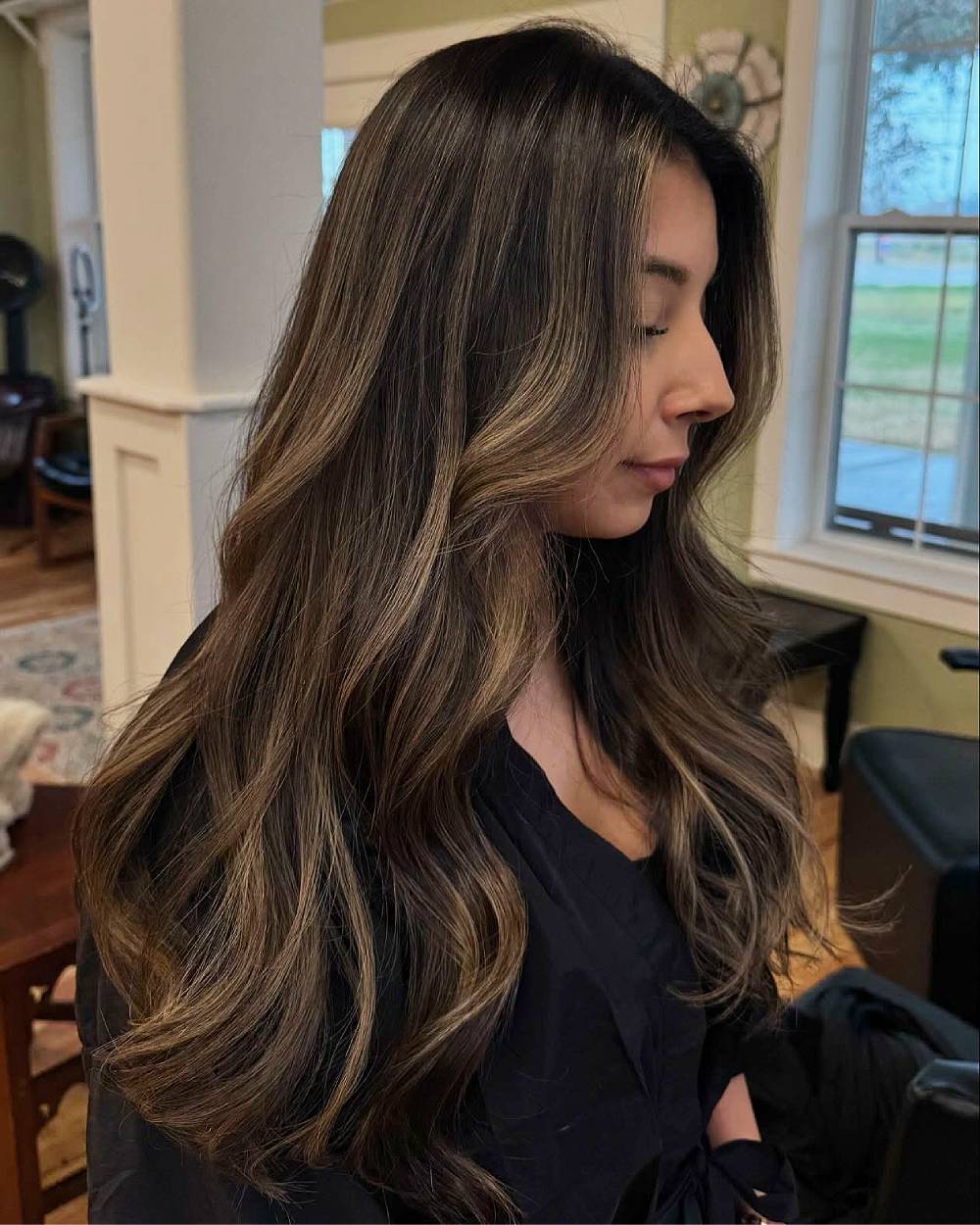 Radiant Dark Brunette Balayage with Soft Loose Waves