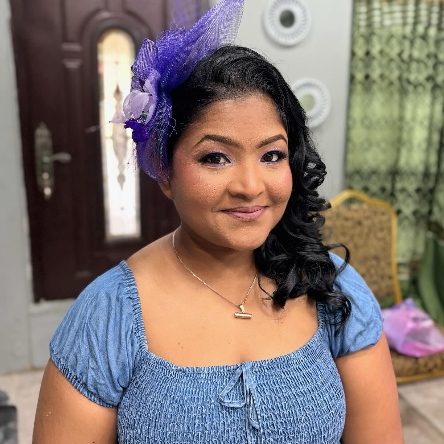 Regal Soft Curls with Lavender Fascinator Accent