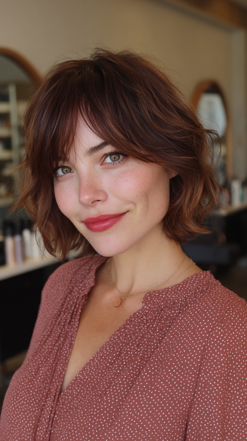 Rustic Auburn Tousled Bob with Soft Bangs