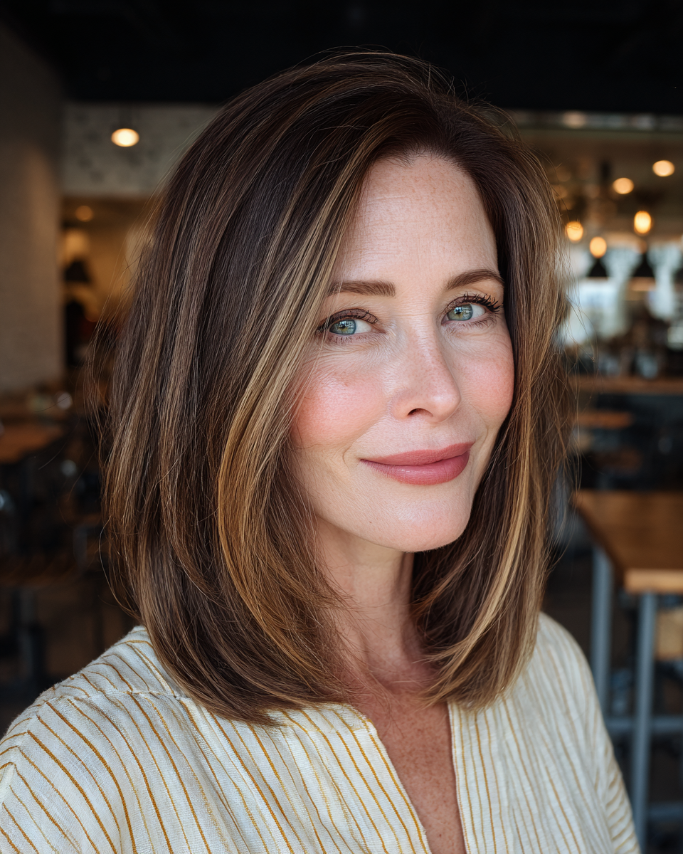 Sleek Shoulder-Length Cut with Subtle Caramel Highlights