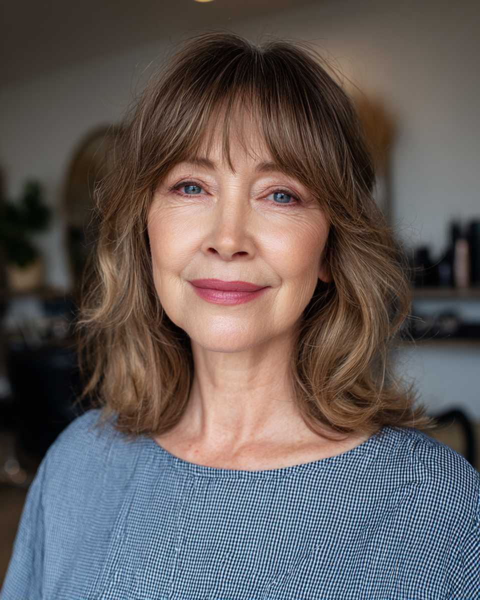 Softly Layered Shoulder-Length Cut with Wispy Bangs