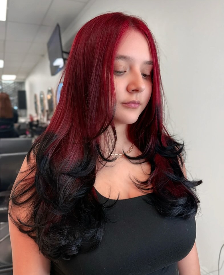 Striking Black-to-Red Ombre with Soft Waves
