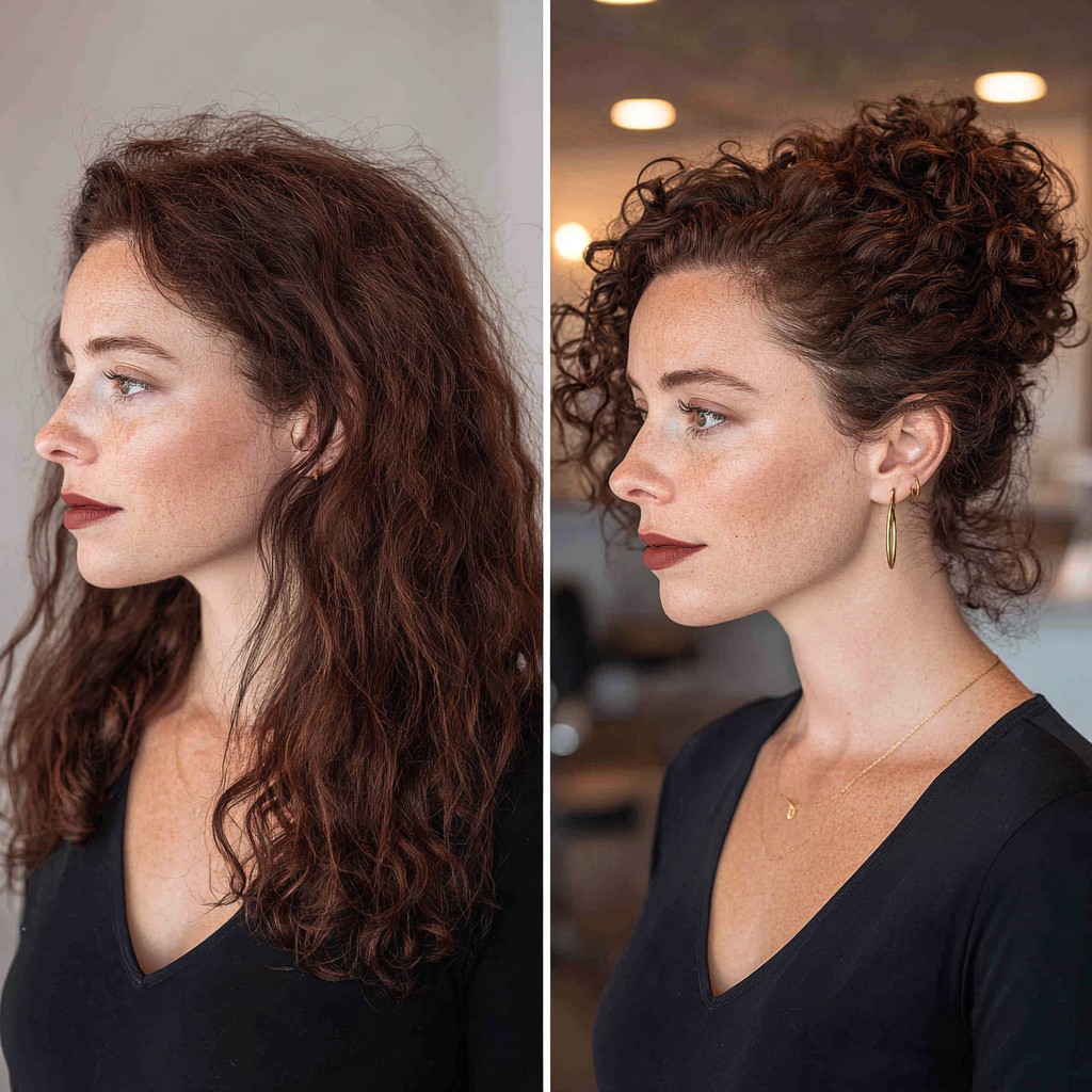 Textured Auburn Curls to Elegant High Bun Transition