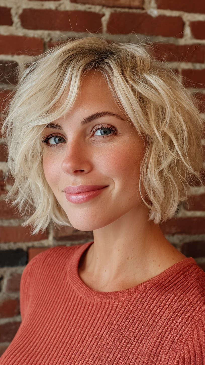 Textured Platinum Blonde Wavy Bob