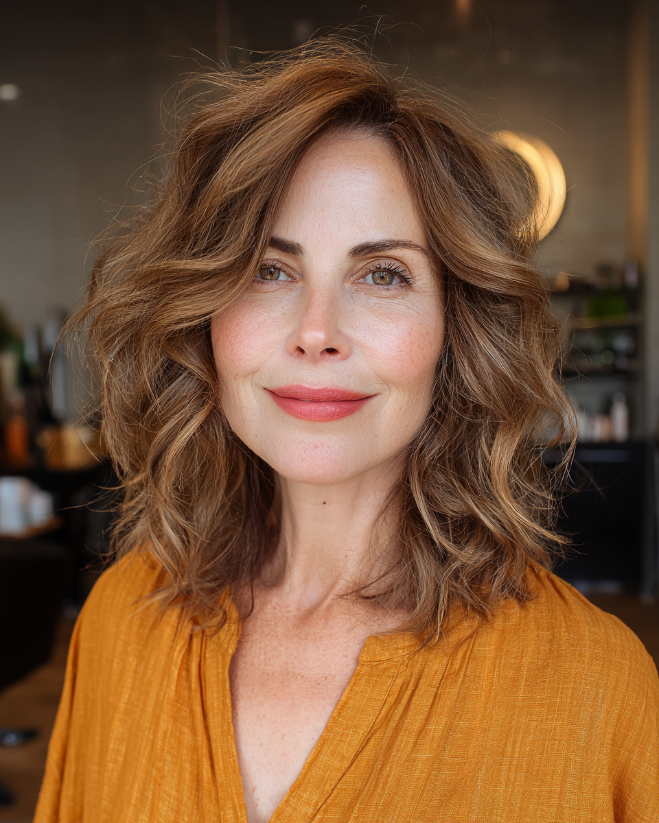 Textured Shoulder-Length Wavy Cut with Natural Highlights