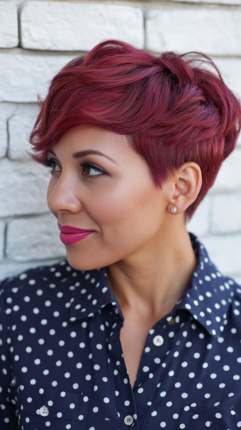 Vibrant Red Wine Pixie with Textured Waves