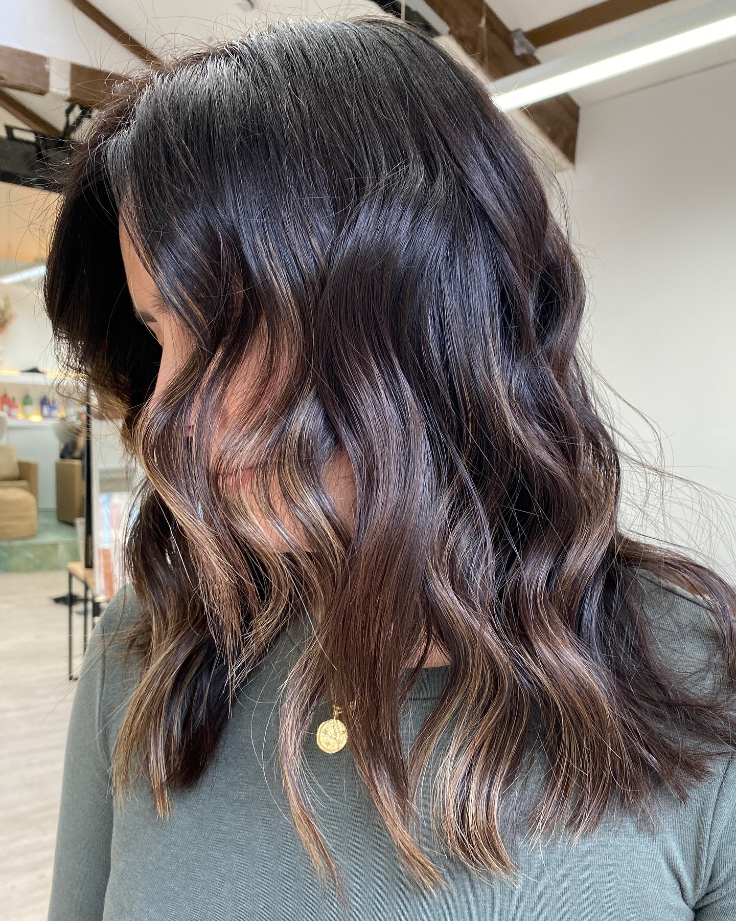 Chic Dark Brown Balayage with Subtle Waves