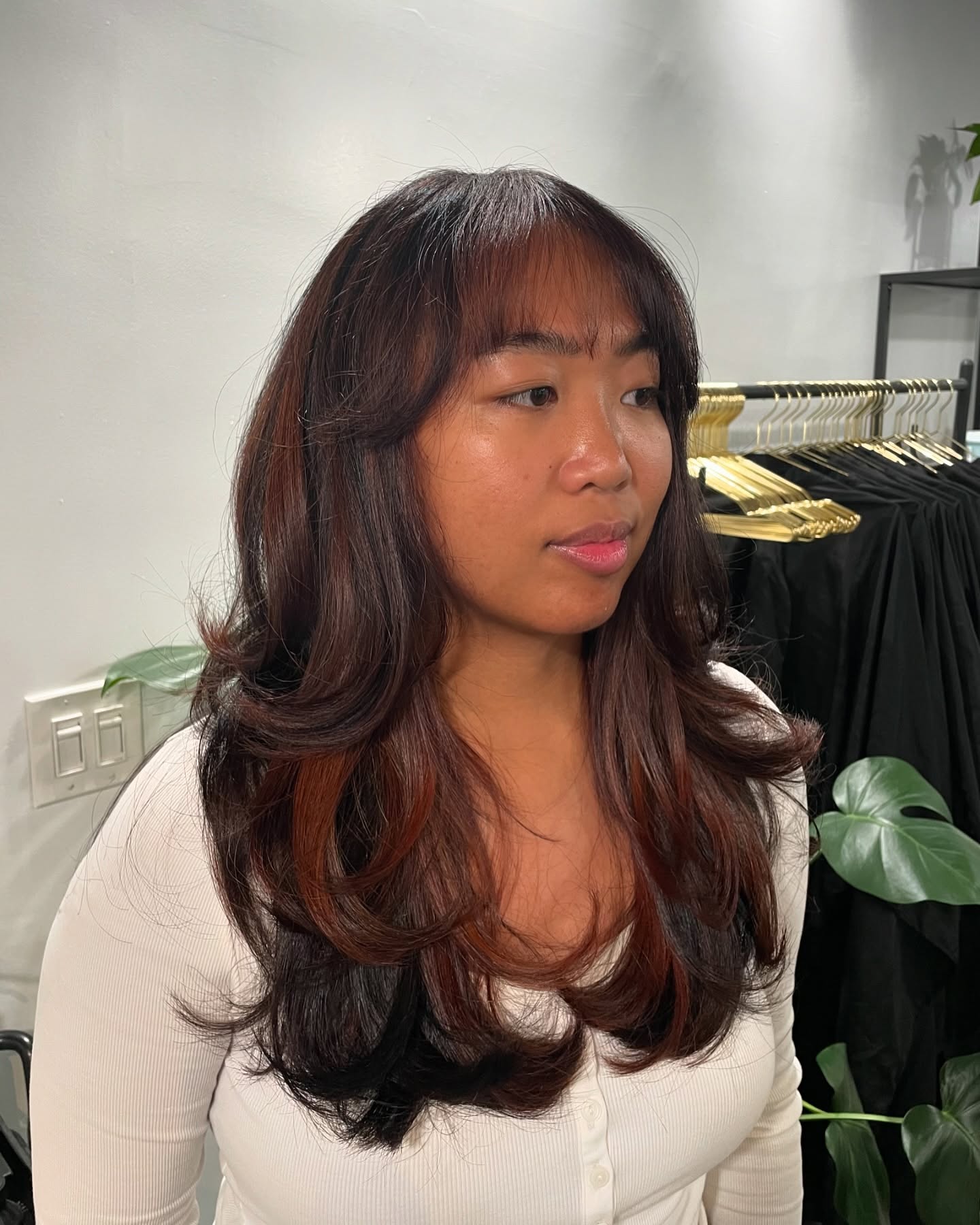 Chic Layered Brown Balayage with Subtle Bangs