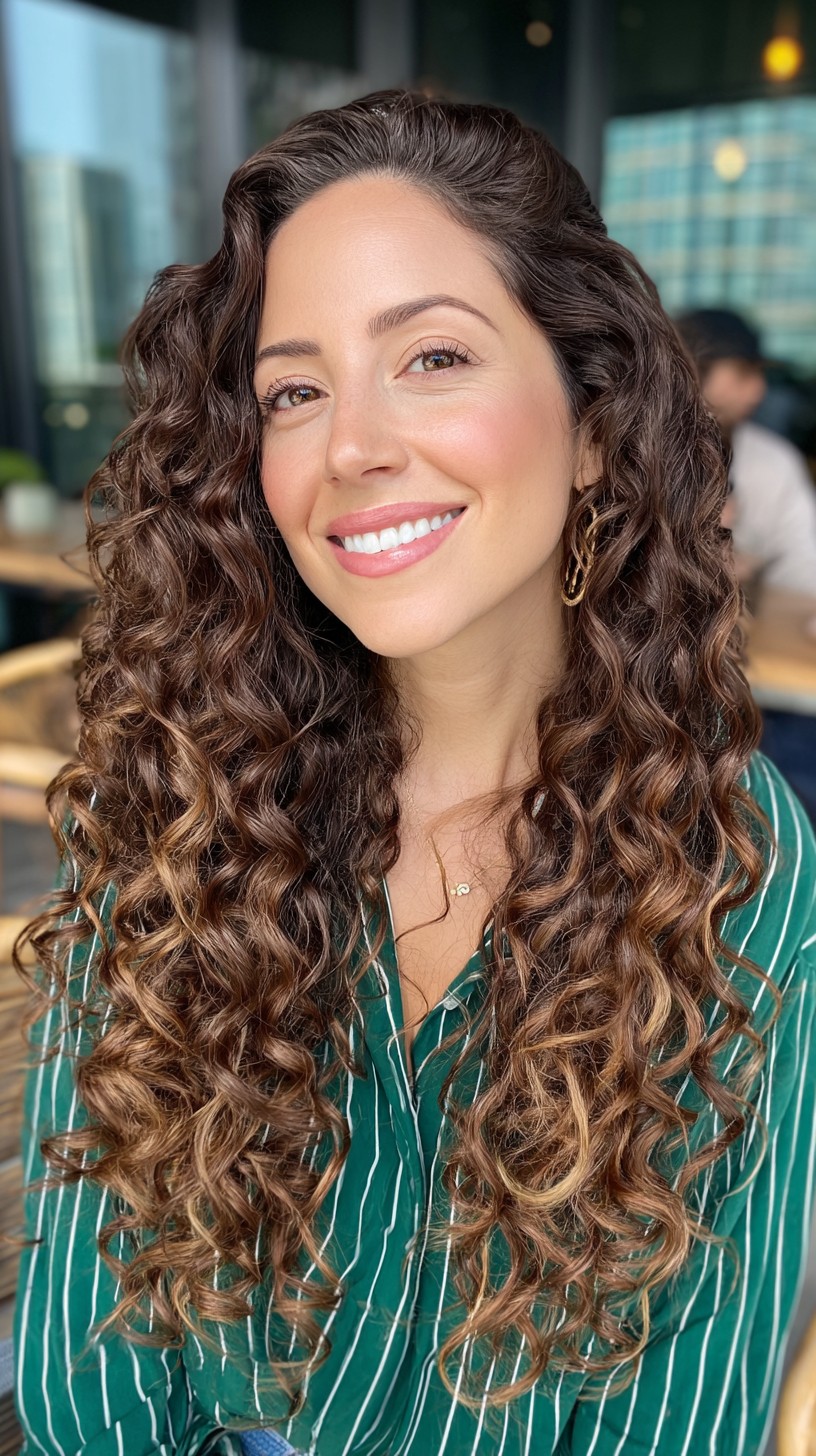 Gleaming Walnut Spiral Curls with Bright Highlights