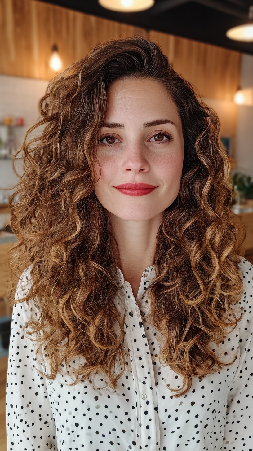 Glossy Tawny Waves with Soft Balayage Highlights