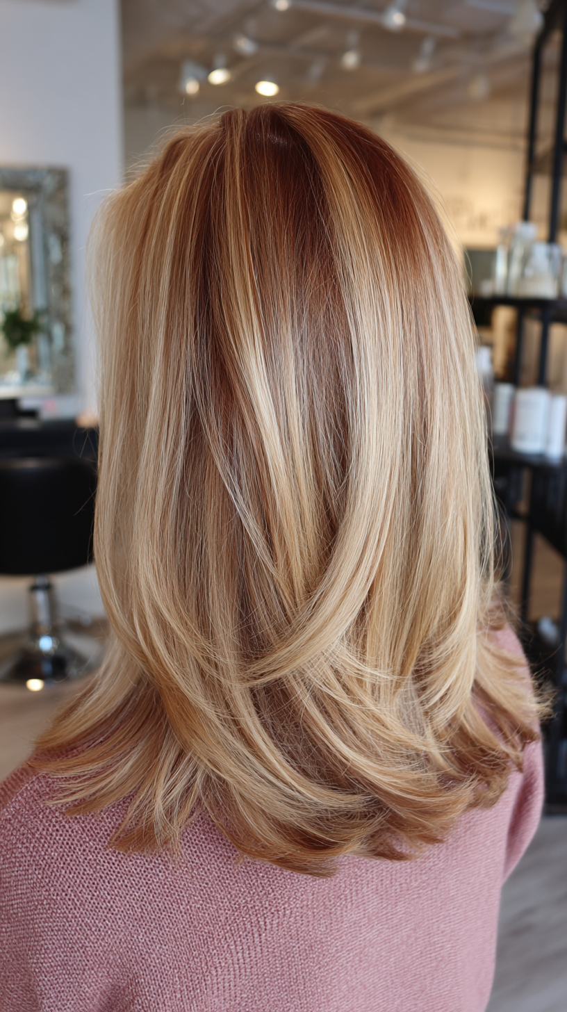 Layered Blonde Tresses with Burgundy Lowlights