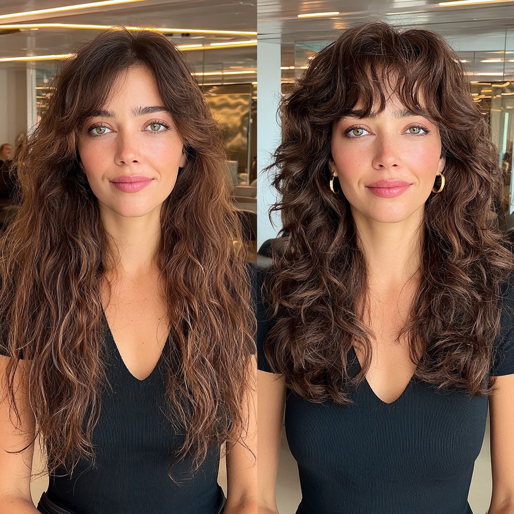 Luminous Chocolate Curls with Face-Framing Layers