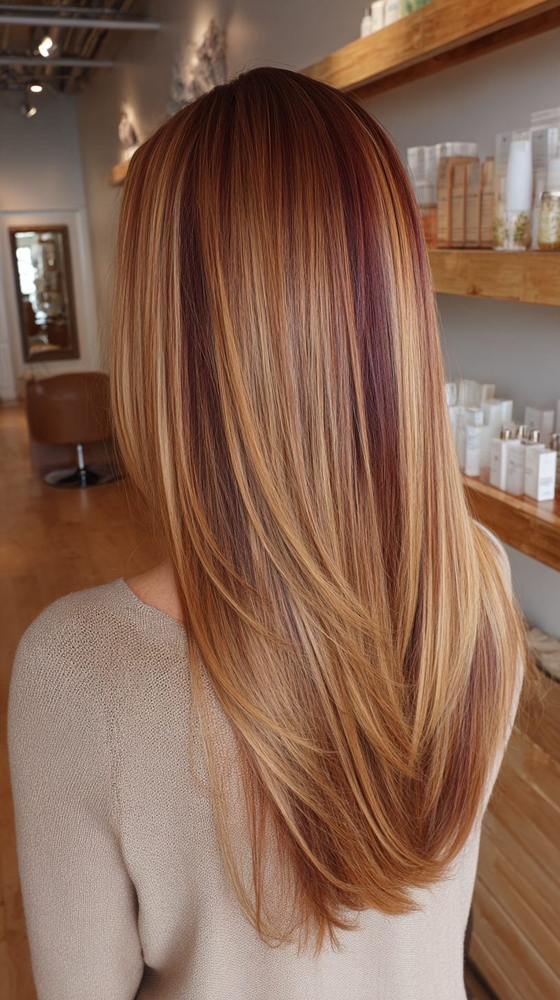Radiant Long Layers with Burgundy Lowlights