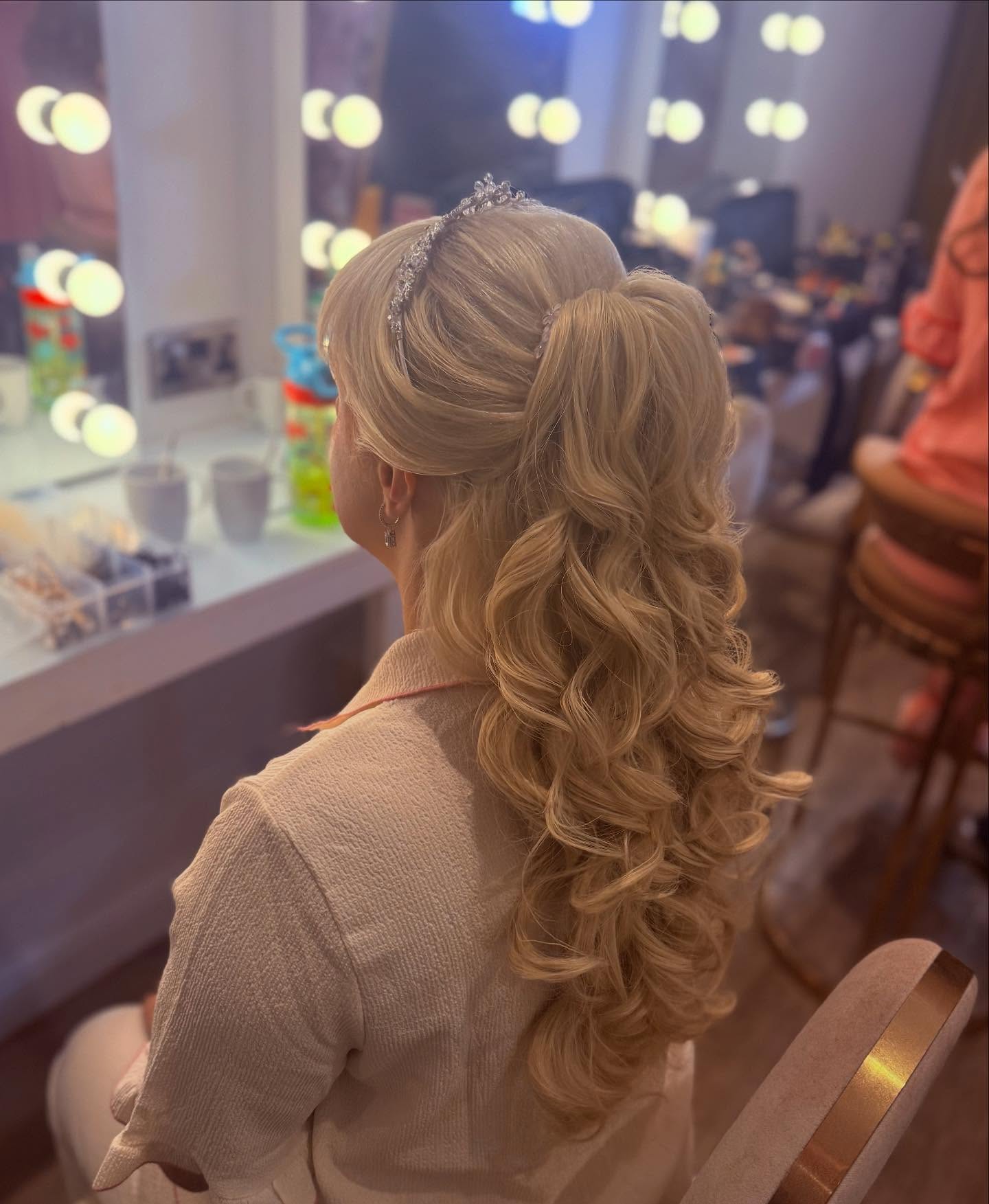 Regal Half-Up Half-Down Curl Cascade with Tiara Accent