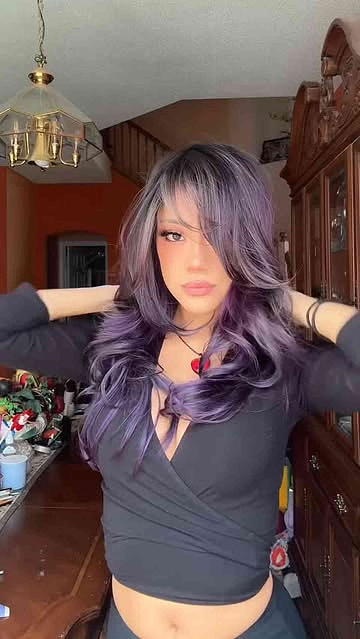 Smoky Purple Layered Waves with Side-Swept Bangs