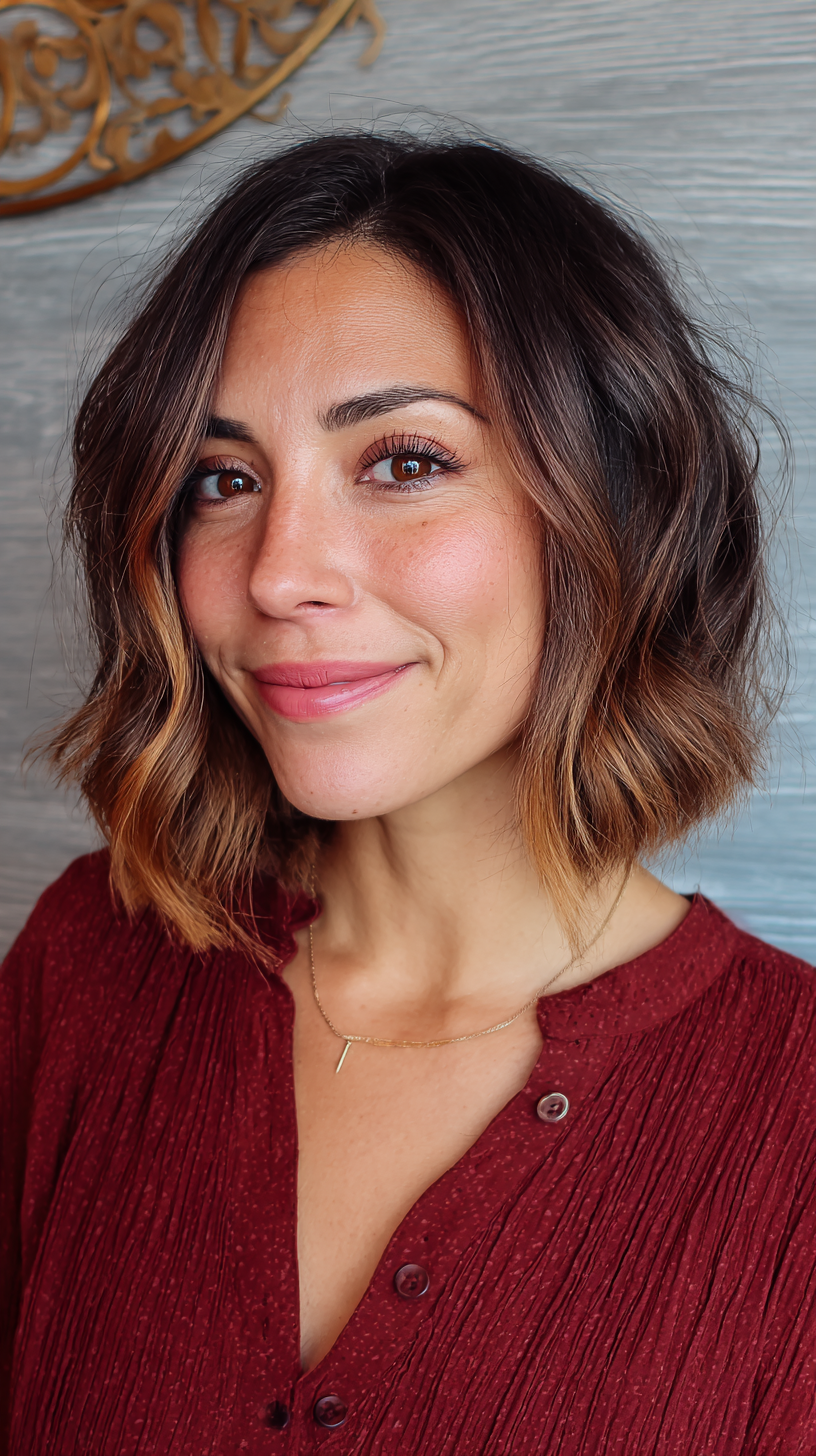 Warm Caramel Wavy Lob with Subtle Highlights