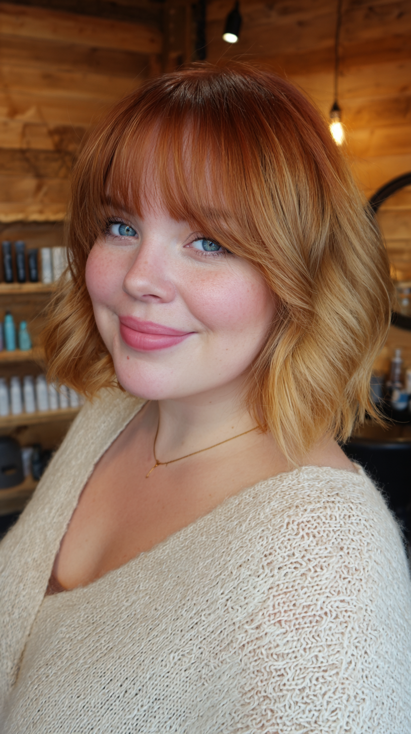 Warm Copper Textured Lob with Soft Bangs