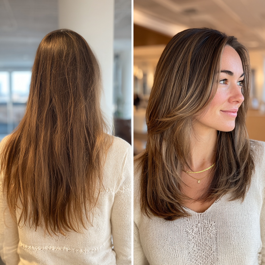Chic Long Brunette Layers with Caramel Highlights